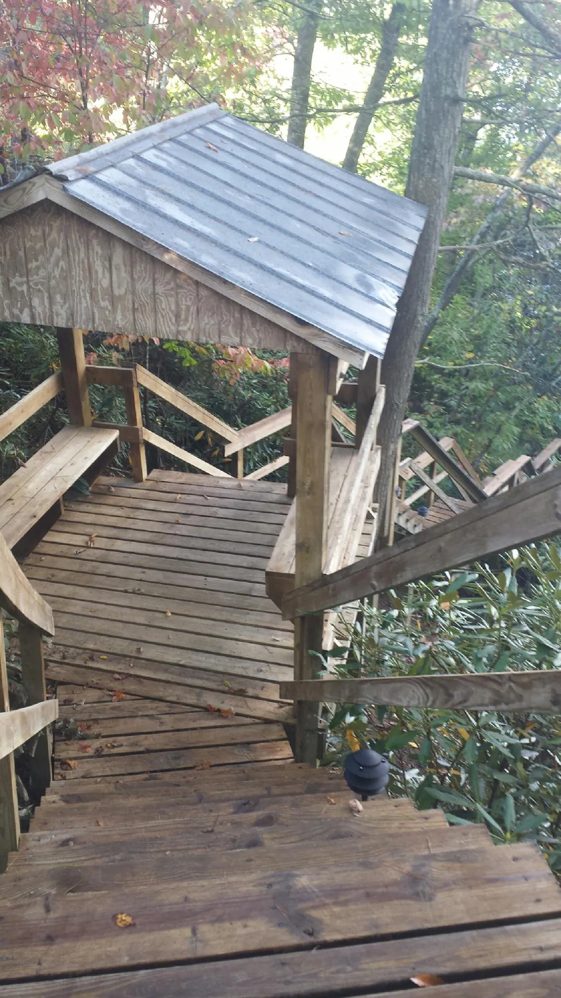 Metal roofed shelter over wooden steps on a wooded walkway — Skylight Repair & Installation work by our crew in Cicero